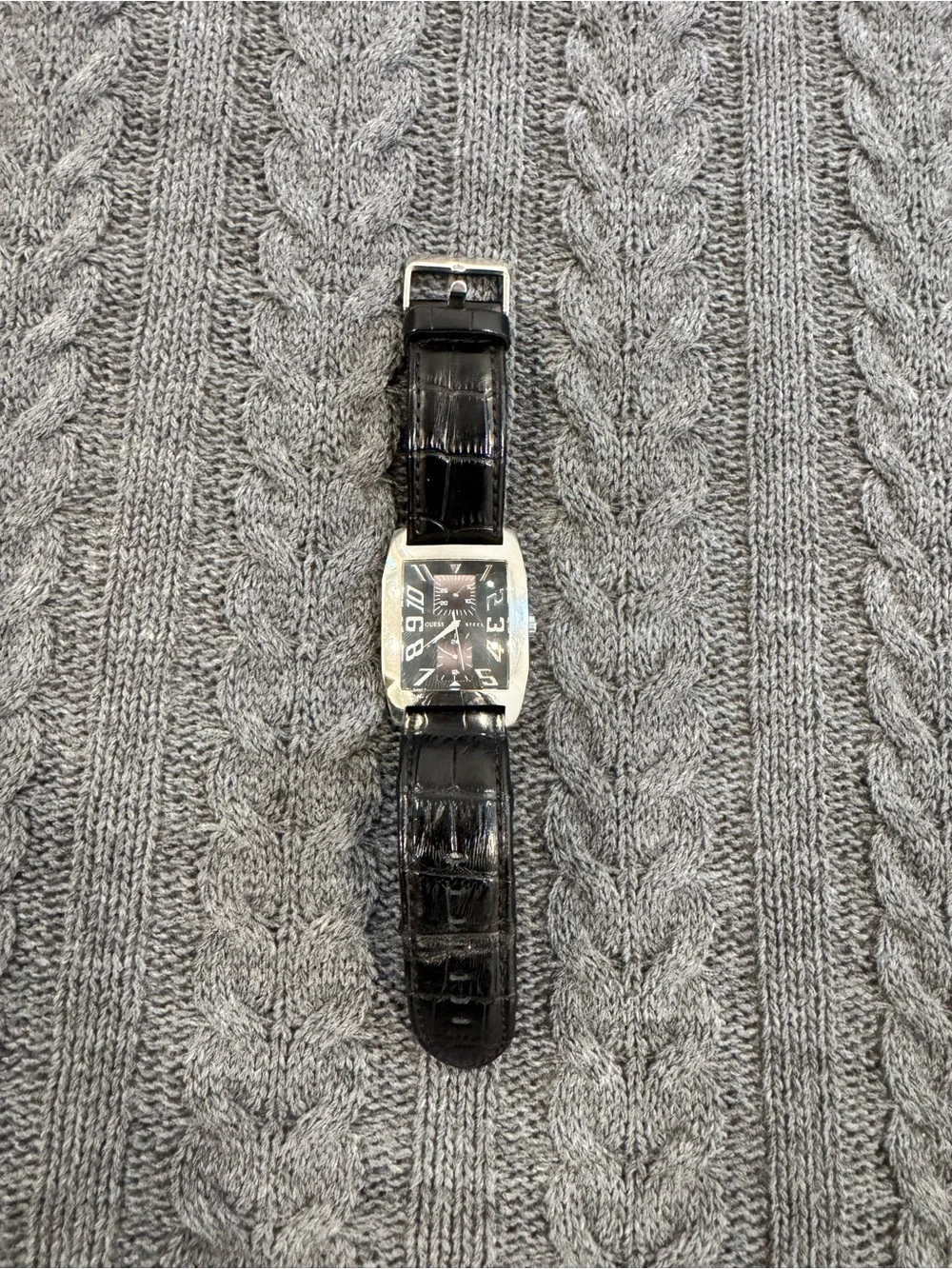 Guess Black Dial Silver-Tone Case Leather Strap Watch